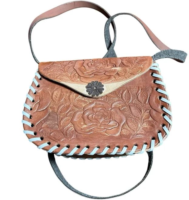 Leather Shoulder Bag Floral Embossed Brown Boho Everyday Guadalajara
