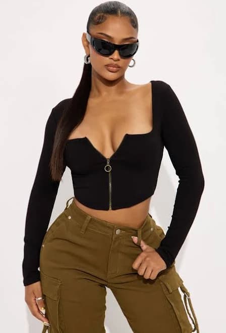 Fashion Nova Long Sleeve Ribbed Cropped Bodysuit