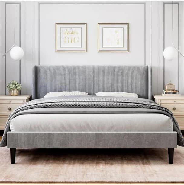 Gaomon Elegant Vertical Stripe Upholstered Bed Frame with Wingback Headboard