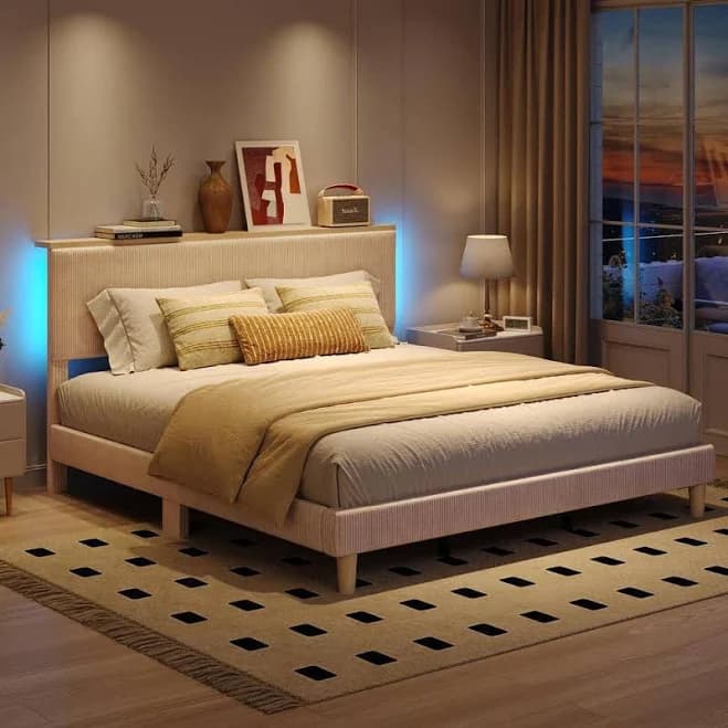 Bestier Upholstered Platform Bed Frame with LED Light Adjustable Storage Headboard