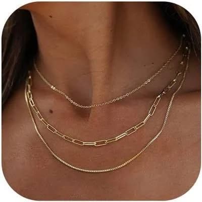 SmallRig Layered Necklace Set for Women 14K Gold/Silver Plated Multi-Pendant & Chain Collection 3Layered Paperclip Cable Box