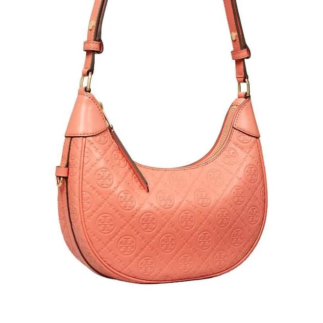 Tory Burch T Monogram Leather Crescent Bag - Coral Crush