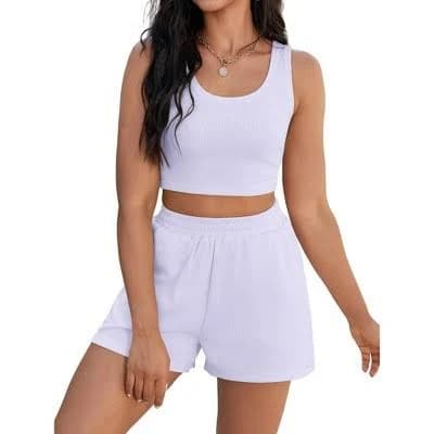 ATHLECHIC Women Ribbed Knit Crop Tank Tops Short Sets with Pockets Travel Outfits 2 Pcs