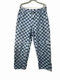 Checkerboard Indie Grunge M Unisex Blue Denim Jeans Cargo Y2K Streetwear 90s