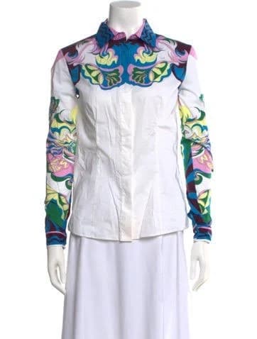 Emilio Pucci Printed Long Sleeve Button-Up Top in White, Women's XS