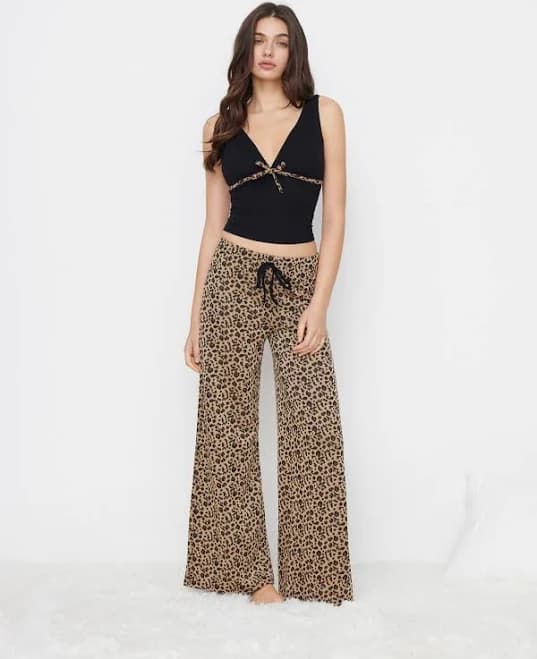 V-Neck Bowknot Top & Mid Rise Wide Leg Leopard Print Trousers