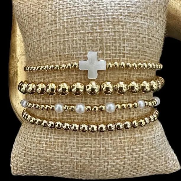 18K Gold Filled Shell Cross Bracelet Stack