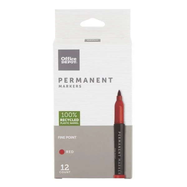 Office Depot Permanent Markers Fine Point 100% Recycled Plastic Barrel Red Ink Pack of 12