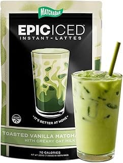 Matchabar Epic Iced Instant Latte Powder | Toasted Vanilla Matcha w/Oat Milk Base | Low Sugar, Non-Diary & Vegan Instant Iced Matcha Powder | Barista-Quality Creamy Latte Mix | 10 Servings