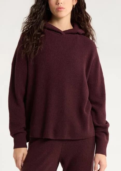 Zella Wool & Cashmere Rib Hoodie in Burgundy Fudge Heather at Nordstrom, Size X-Large