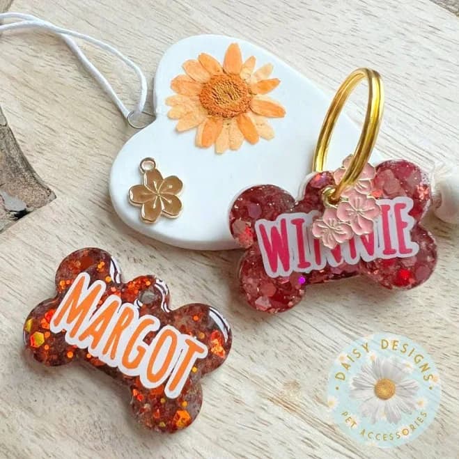 Holographic Glitter Bone Pet ID Tag: Custom Resin Dog Tag