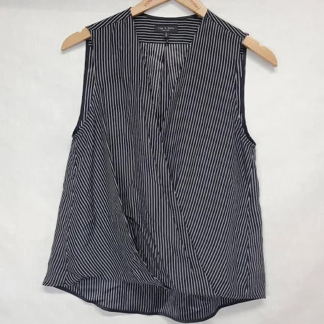 Rag & Bone Womens Tops Rag & Bone Black & White Striped Silk Sleeveless Wrap Blouse Sz