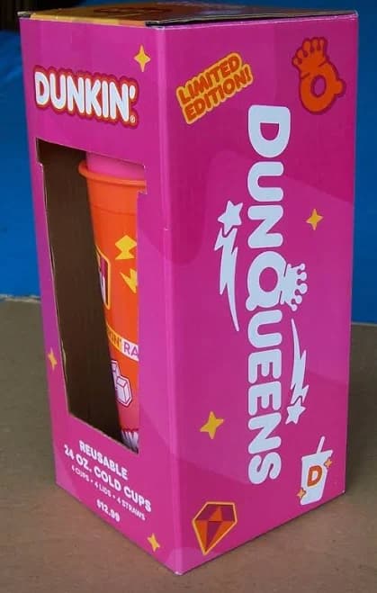 DUNKIN REUSABLE 24 OZ. COLD CUPS 4 CUPS,4 LIDS,4 STRAWS ITEM #914860