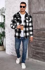 Puhope Men's Polar Fleece Warm Sherpa Lined Shirt Jacket for Men Thick Button Down Jacket with Multi Pockets Black/White Small at Amazon Men's Clothing store