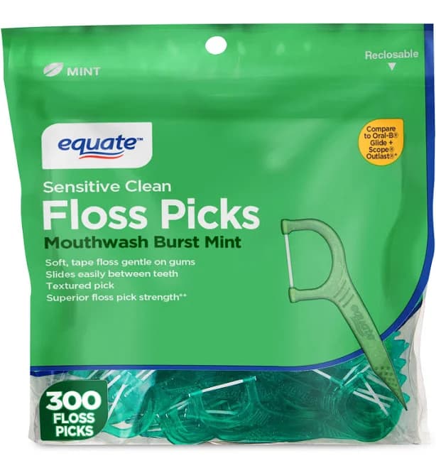 Equate Mint Dental Flosses Mouthwash Burst Mint Sensitive Clean 300 Count