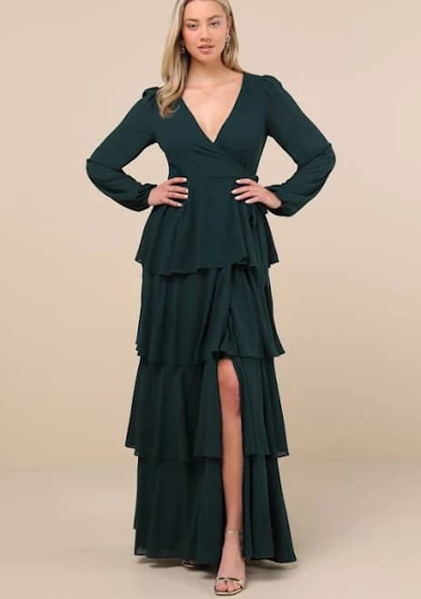 Lulus Marvelous Grace Emerald Long Sleeve Tiered Wrap Maxi Dress