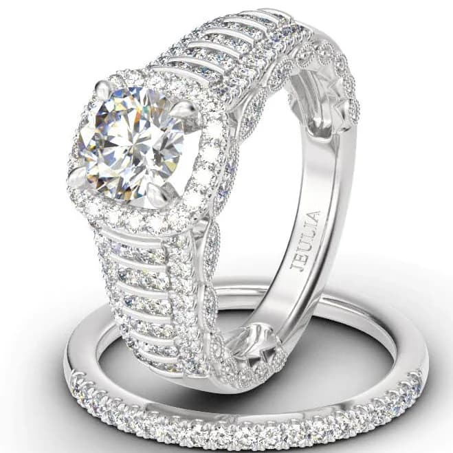 Jeulia Sterling Silver Sparkling Halo Round Cut Ring Set