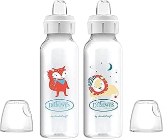 Dr. Brown's Milestones Narrow Sippy Bottle, 100% Silicone Soft Sippy Spout, 8oz/250mL, 6m+, Fox & Lion, 2 Pack