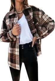 GRASWE Lady's Roll Up Sleeve Flannel Shirt Cotton Coats Lapel Collar Shirts with Pockets Brown S at Amazon Women's Clothing store