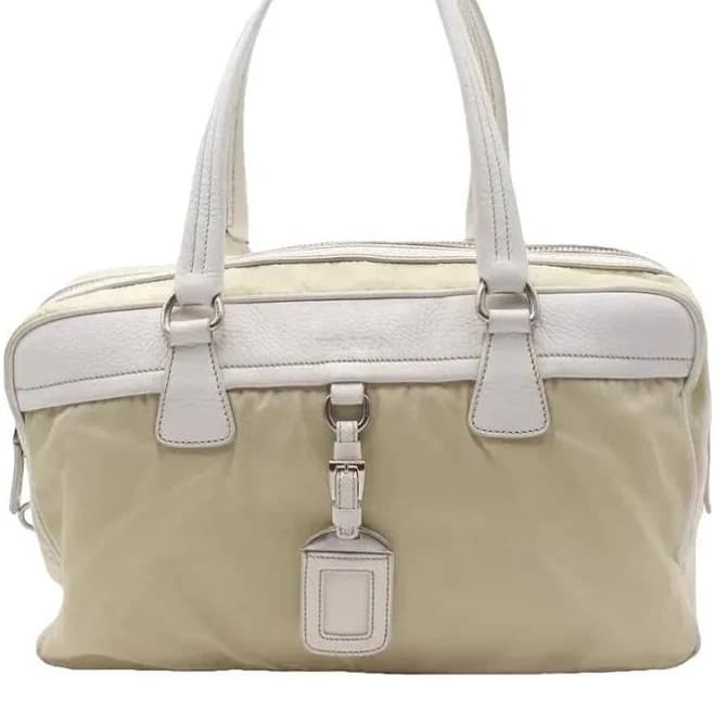 Prada Nylon Handbag Beige Leather Trim Top Handle Bag