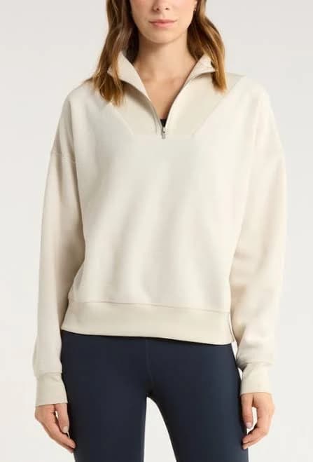 Zella Cozy Bouclé Quarter Zip Sweatshirt in Beige Seashore at Nordstrom, Size Large