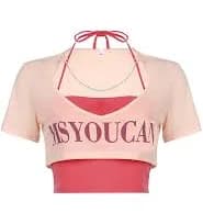 Harajuku Style Y2K Fashion Cutout Halter Top and Short Sleeves Chain Decorated Crop Top Two Piece Set