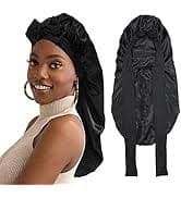 Amazon.com: AWAYTR Long Satin Bonnet for Women - Double Layer Elastic Silk Bonnet for Braids Hair Sleeping Cap with Tie Band (Black) : Beauty & Personal Care