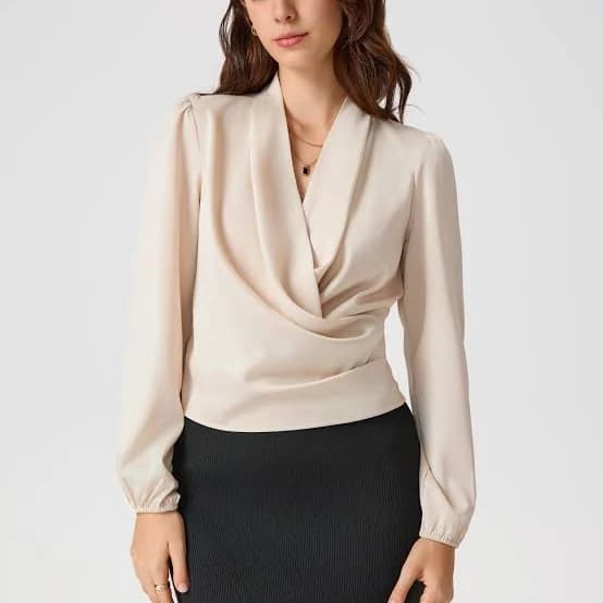 CIDER Women's Satin V-Neck Wrap Zip Long Sleeve Blouse Daily Casual Work