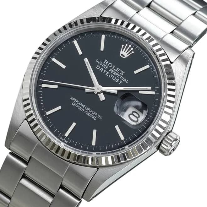 Rolex Mens Datejust Ss Black Index Dial Fluted Oyster Band 36mm Watch