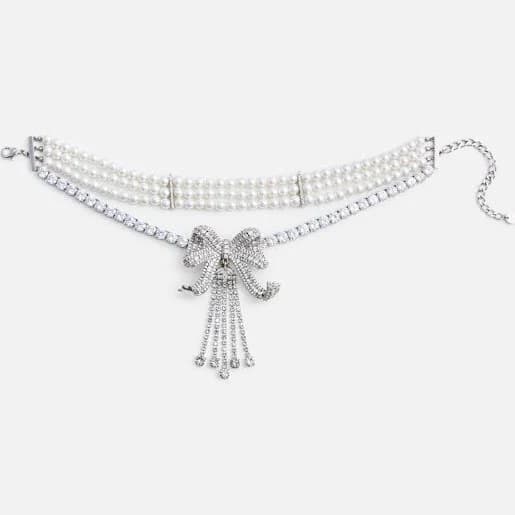 Self Portrait Crystal Bow Droplet Pearl Necklace