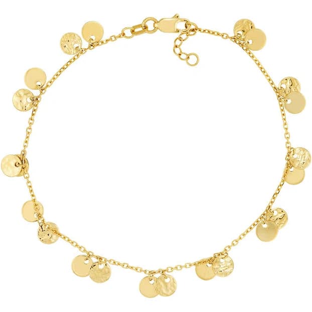 14K Solid Gold Adjustable Cable Chain Bracelet with Multi Disc Charms