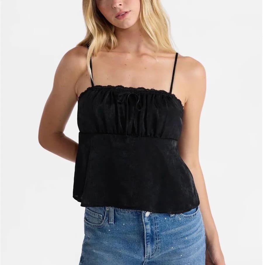No Boundaries Satin Cami with Lace Trim and Tie
