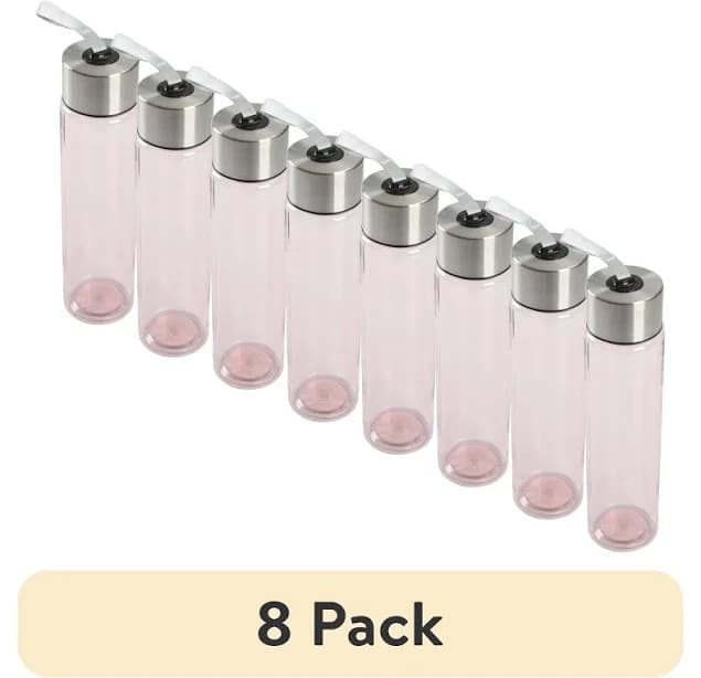 Mainstays 18oz Plastic Pink Water Bottle with Stainless Steel Screw Cap Lid and Strap, 8 Pack, 1