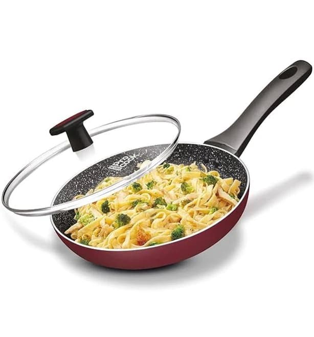 Milton Pro Cook Granito Fry Pan With Glass Lid, 24 Cm Frying Pan Burgundy - 702 gms