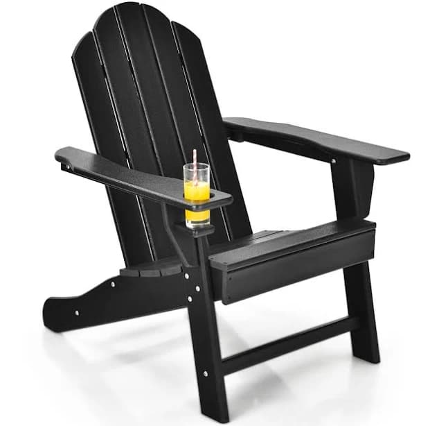 costway Outdoor Folding Adirondack Chair HDPE Weather Resistant Patio Lawn Lounge Chair with Built-in Cup Holder