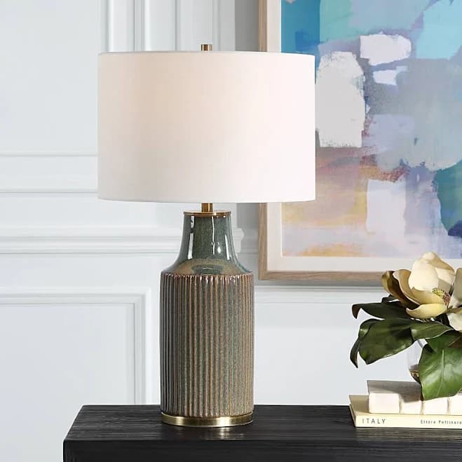 The Gray Barn Green Textured Ceramic Brushed Brass Table Lamp - Bluish Green