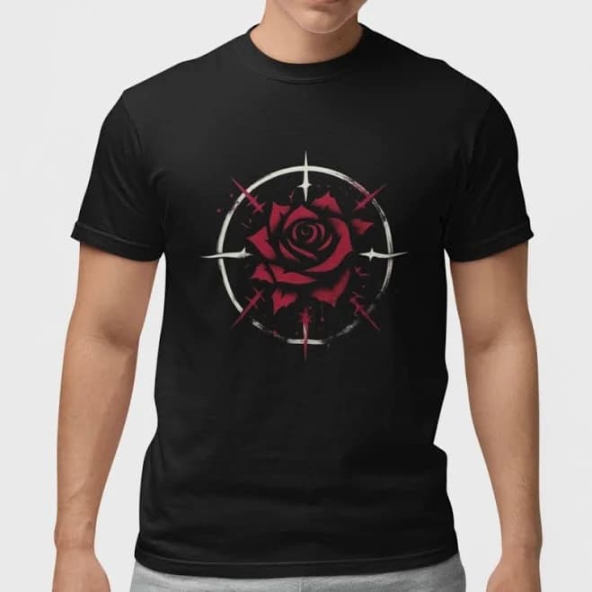Red Rose Sunburst Graphic 100% Cotton Black T-shirt Vintage Floral Art