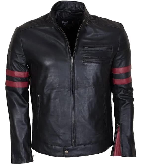 Black Leather Red Stripes Jacket for Men's Biker Jacket