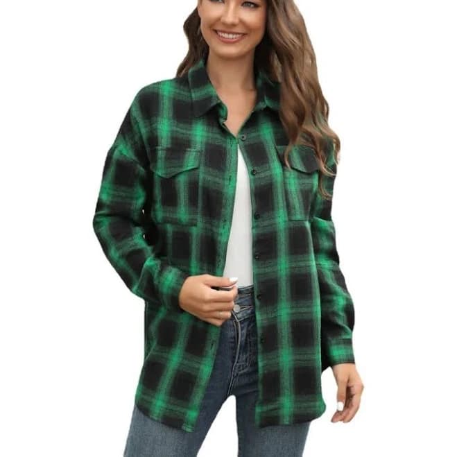 Women's Plaid Long Sleeve Collared Button Down Shirt