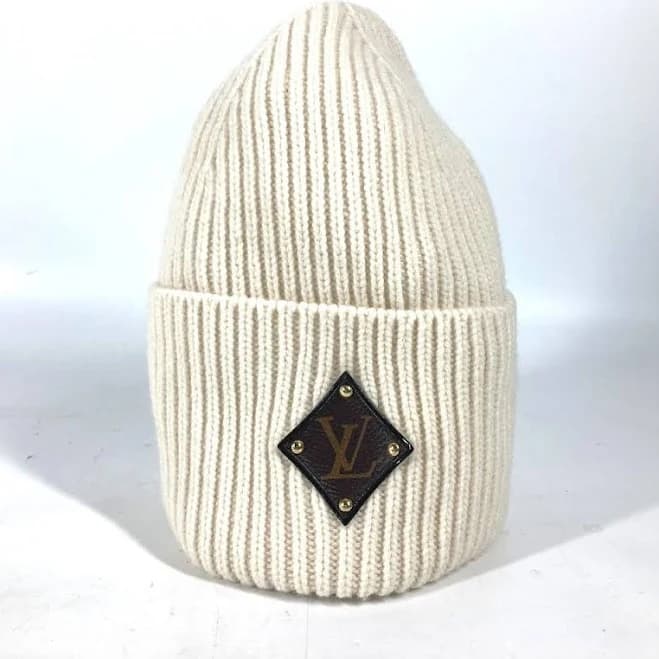 Louis Vuitton Beanie Bonnet Lv M76707 Wool White Monogram Patch Knit