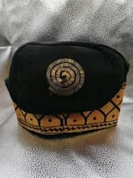 Nigeria Men's Black with Gold Embroidery Cap/Fila Aso Oke,