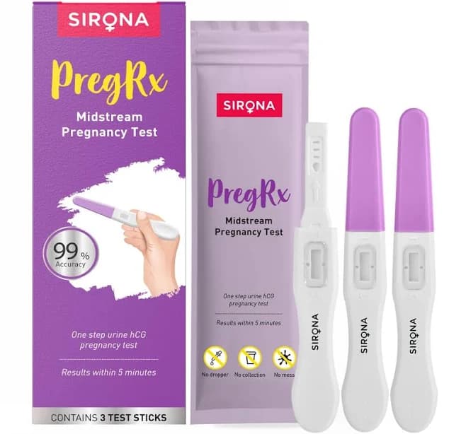 Sirona PregRx Midstream Urine HCG Pregnancy Test Kit Device - Pack of 3