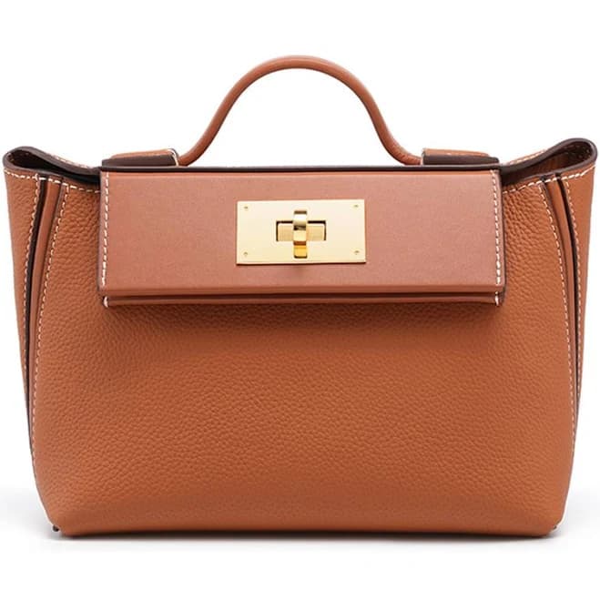 Leather Twist Lock Satchel Bag
