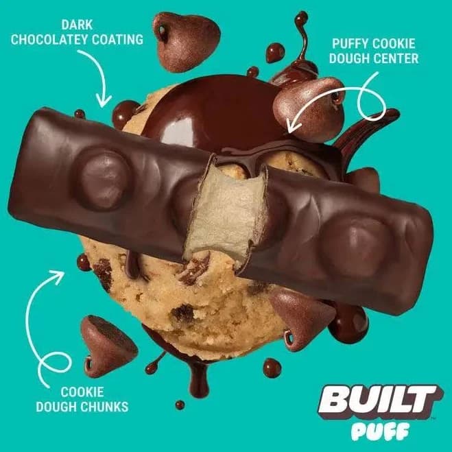 BUILT - Cookie Dough Chunk Puff Protein Bar, 15g Protein, 12 bar.