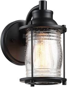 1-Light Outdoor Wall Light with Black Finish and Seeded Glass Shade