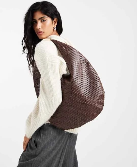 Glamorous Large Woven Shoulder Bag with Gold-Tone Metal Hardware
