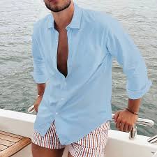 Men's Casual Shirt Cotton Linen Shirt Button Up Shirt Solid / Plain Color Vacation Street Black White Pink Sky Blue Long Sleeve Lapel All Seasons Clothing Apparel Buttons 2026 - AU $34.69