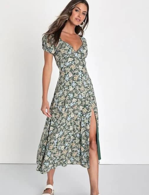 Lulus Floral Tie-Back Puff Sleeve Midi Dress
