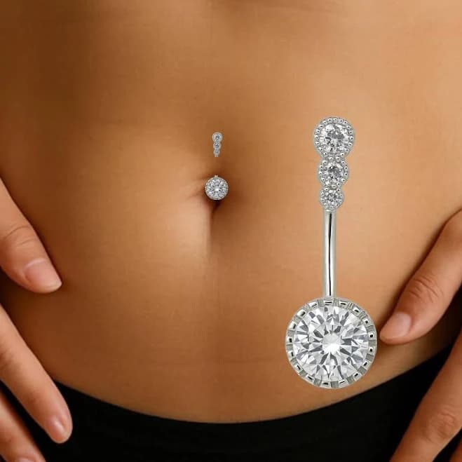 Triple CZ Silver Belly Button Ring