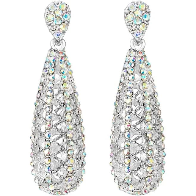 Sparkling Rainbow Rhinestone Cluster Filigree Hollow Long Teardrop Ball Dangle Earrings